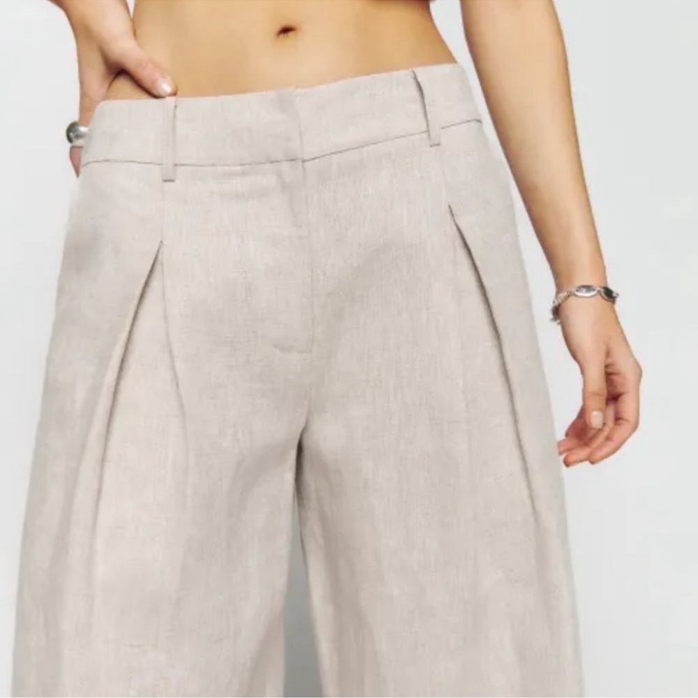 NWT Reformation Asher Linen Low Rise Pant in Oatmeal Tan Wide Leg
